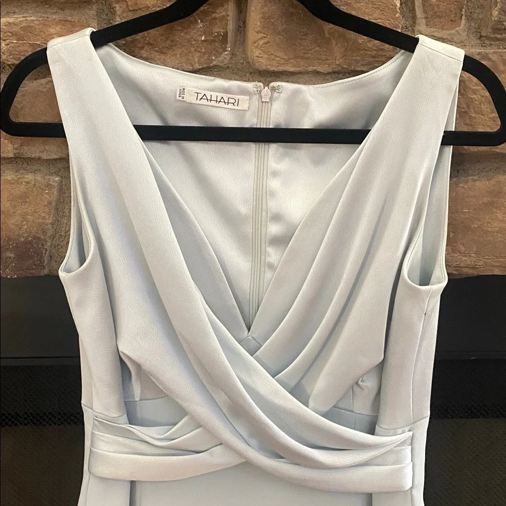 Tahari Shimmering sea foam green dress with draped neckline and side slit. 8 - Picture 2 of 12